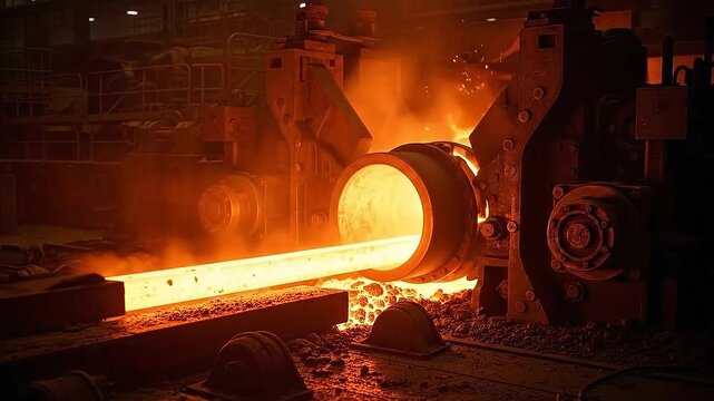 Industrial Steel Mill Rolling Hot Metal with Sparks and Intense Heat in Dark Environment Continuous Casting of Steel Billet with Molten Metal Pouring  Metallurgy Technology at Night