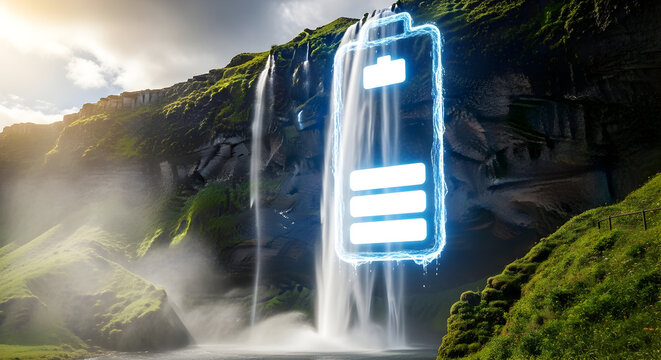 Stunning waterfall powers vibrant blue battery symbol in lush green landscape