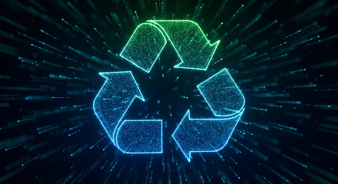 Dynamic recycling symbol glows with vibrant green and blue particles