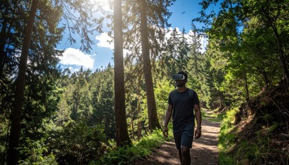 Obraz premium Walker wearing smart glasses overlays nature based mindfulness cues along a forest path with tall trees and open sky leaving copy space for wellness and tech concepts
