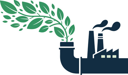 Factory chimney releasing green leaves symbolizing environmental protection and clean energy
