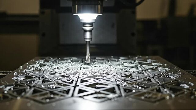 Metal Milling Process with Geometric Pattern Cut Under Bright Light Precision Manufacturing and Automated Technology Concept Silver Metal Shavings Industrial Production