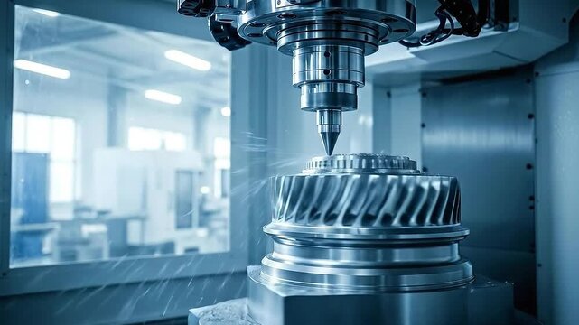 Metalworking with Precision Drilling Machine and Spiral Gear Production in Blue Toned Industrial Setting with Focus on Precision Engineering and Manufacturing Processes