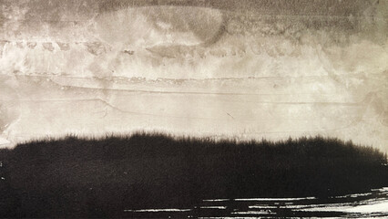 ink and brush dripping inspired by space, hand-drawn banner-sized drawing, abstract patterns reflected on water