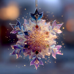 Crystal snowflake ornament glowing with warm light and festive