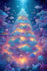 Underwater coral reef glowing with colorful fish and magical lights