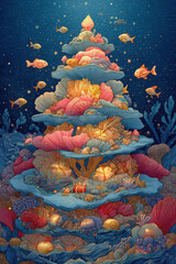 Underwater coral reef shaped like glowing Christmas tree with fish