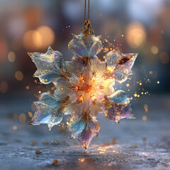 Glass snowflake ornament glowing warmly with sparkling light