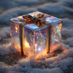 Glowing iridescent gift box with golden ribbon on snowy surface