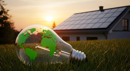 Earth bulb shines on solar powered house at sunset, symbolizing green energy