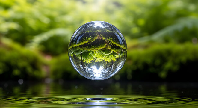 Crystal ball reflects lush forest scene over rippling water surface