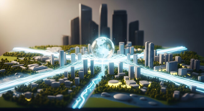 Global network connects modern cityscapes with glowing digital energy streams