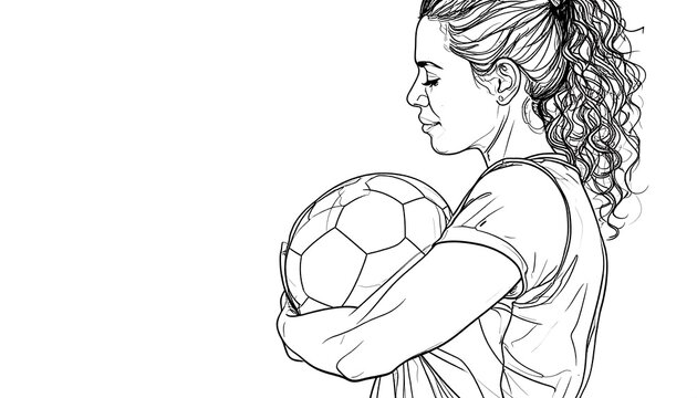 A female soccer player holds a soccer ball, in a profile pose