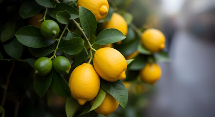 Fresh lemons and limes growing on a tree vibrant citrus fruits with green leaves perfect for healthy eating and summer themes