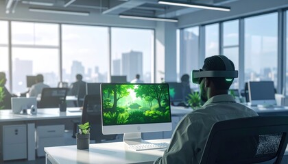 Man wears a wireless VR headset in an office experiencing virtual nature while colleagues work nearby with open area for copy above for wellness and productivity stories