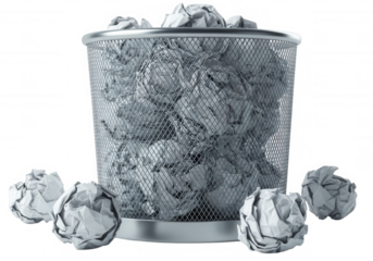 Crumpled paper in mesh bin isolated on a transparent background