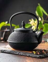 Close-up of a black, cast-iron teapot on a wooden surface with leaves