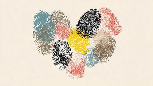 A colorful heart shape created from various fingerprint patterns, symbolizing individuality and connection.