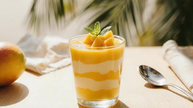 A layered mango dessert in a glass, garnished with mint, on a wooden surface