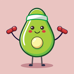 Funny fitness avocado mascot doing workout with weights