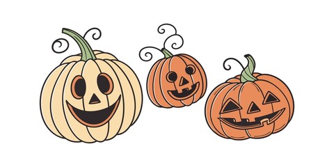 Pumpkin simple flat color icons Halloween vector set white background