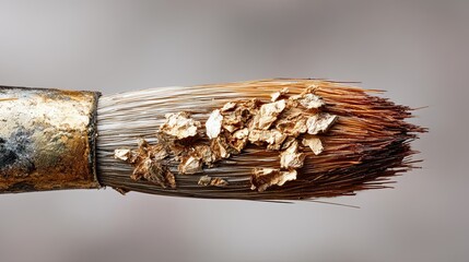 A close-up of a paintbrush bristle with paint residue, highlighting the texture and detail of the tool used in artistic creation.