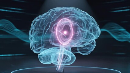 Transparent Human Brain Model Glowing With Pink Futuristic Energy Ring In Dark Digital Environment With Blue Wave Patterns And Spotlight - Powered by Adobe