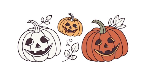 Pumpkin simple flat color icons Halloween vector set  white background  