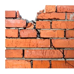 Obraz premium Close-up of damaged, weathered, red brick wall with broken section