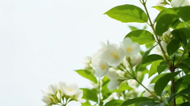 Close up realistic blooming jasmine flowers on green branch against bright sky