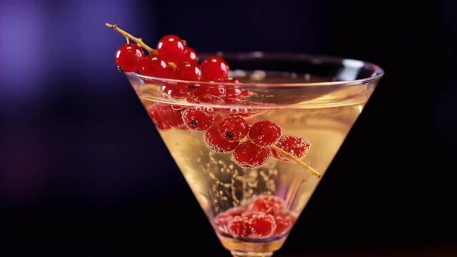 Close up Realistic Cocktail Drink with Red Currants Decoration