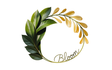 Elegant oval wreath of green and gold leaves isolated on transparent background