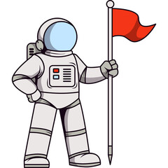 Astronaut in White Spacesuit Holding Red Flag on Transparent Background