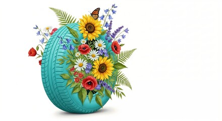 Old tire as flower pot illustration with colorful flowers, ecology theme