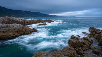 Dramatic coastal seascape with rocky shore and stormy sky