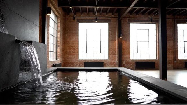 Indoor Water Feature in Red Brick Building with Arched Windows and Black Metal Accents Industrial Space with Natural Light Reflecting on Water's Surface Reflecting Modern Design