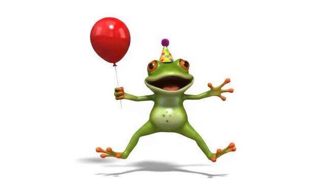 Animated green frog wears a party hat and holds a red balloon