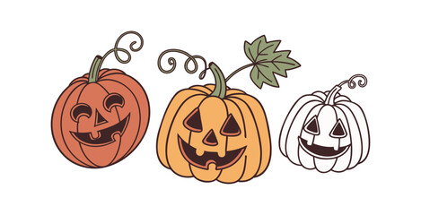 Pumpkin simple flat color icons Halloween vector set white backgraound