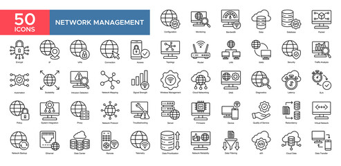 Network Management collection set. Configuration,Monitoring,Database,Traffic Analysis,Security,Lan,Automation, icon. Simple outline vector illustration