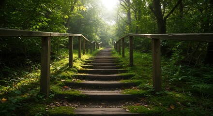 Obraz premium Wooden staircase leads through lush green forest bathed in sunlight