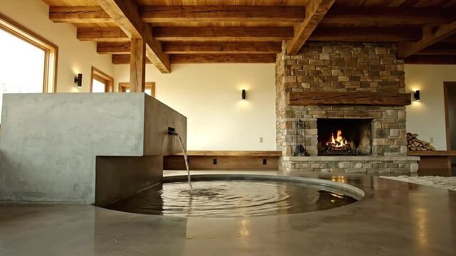 Inviting Interior with Stone Fireplace Wooden Beams and Concrete Fountain Featuring Clear Water and Warm Lighting Casting Shadows on Polished Concrete Floor with a Rustic Cabin Theme