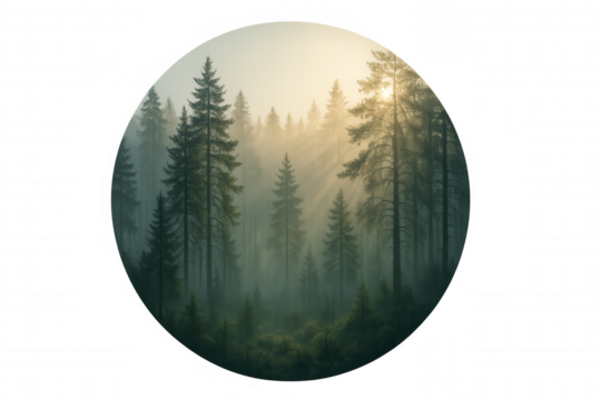 Forest of pine trees in mystic fog with golden sunbeams breaking through, creating a serene woodland scene. Transparent background
