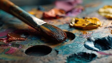 Naklejka premium A close-up of a paintbrush resting on a colorful artist's palette, showcasing vibrant paint blobs and textures, ideal for creative inspiration.