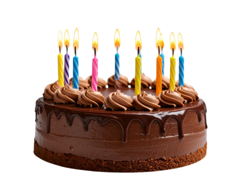 Chocolate Birthday Cake with Candles, Front View, Isolated on Transparent Background - Powered by Adobe