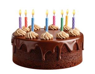 Chocolate Birthday Cake with Candles, Front View, Isolated on Transparent Background