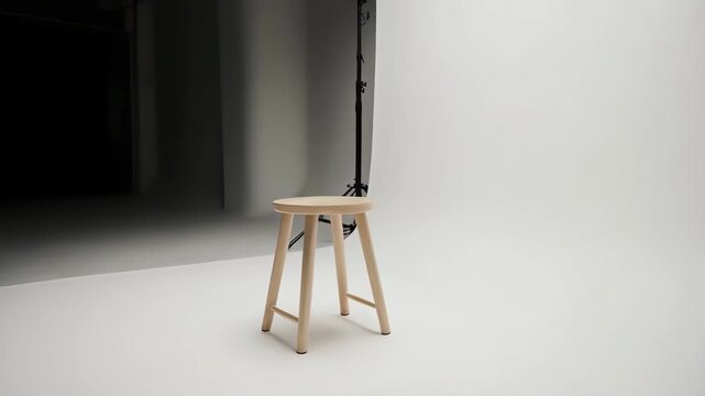 A minimal studio shot featuring a wooden stool and backdrop setup