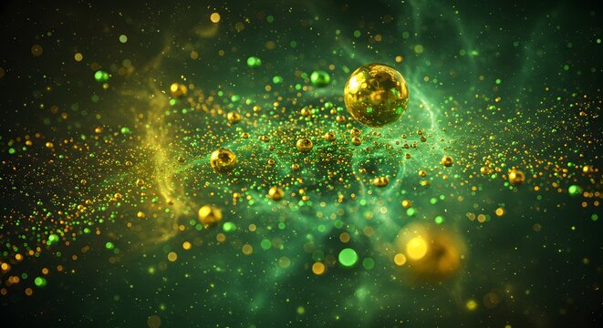 Abstract digital art of swirling, luminous green and gold particles with blurred bokeh effects