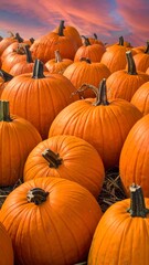 Close-up of a pumpkin patch at dusk with orange gourds and red skies