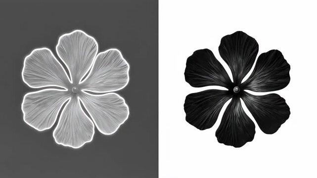 A split image, a stylized flower with six petals, one black, one white
