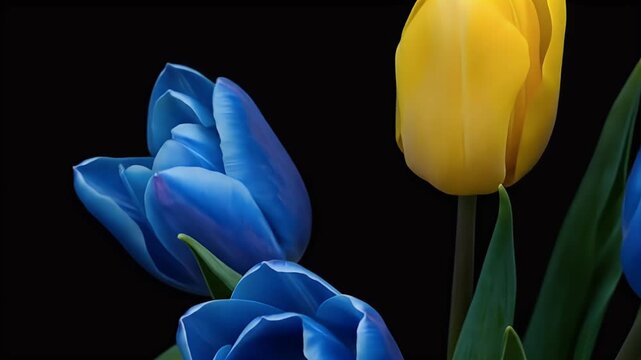 Close up realistic video of blue and yellow tulips on black background